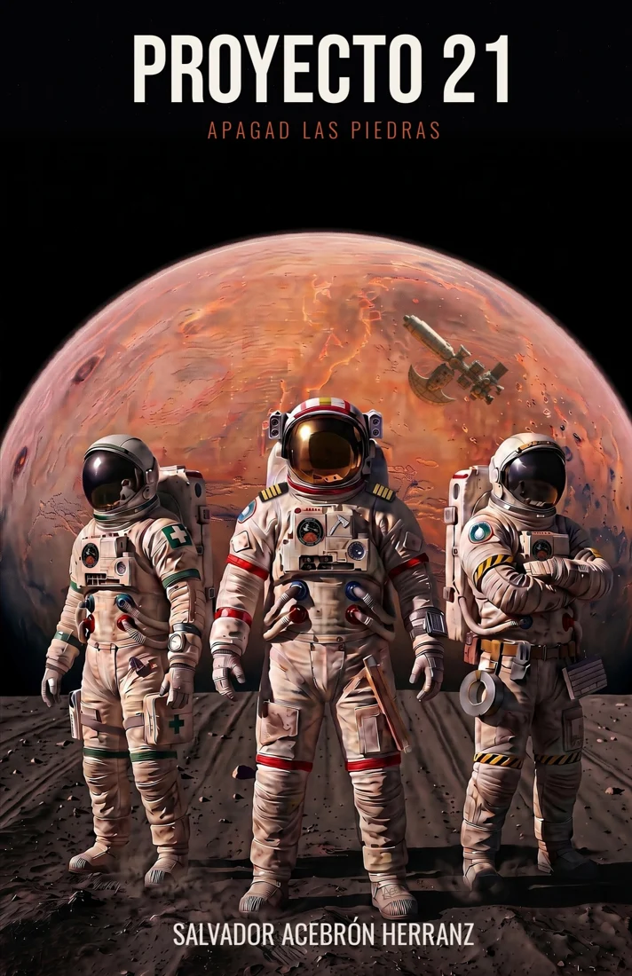 Portada de Proyecto 21. Apagad las piedras: tres astronautas sobre suelo rocoso con Marte enorme detrás y una nave en órbita
